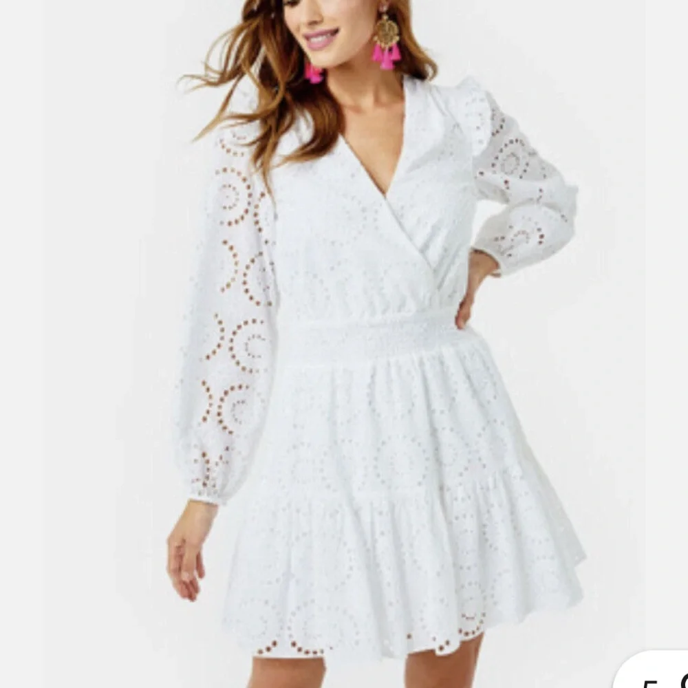 Lilly Pulitzer White Eyelet Long Sleeve Smocked Waist Taviana Dress SIZE 16 - Picture 11 of 11